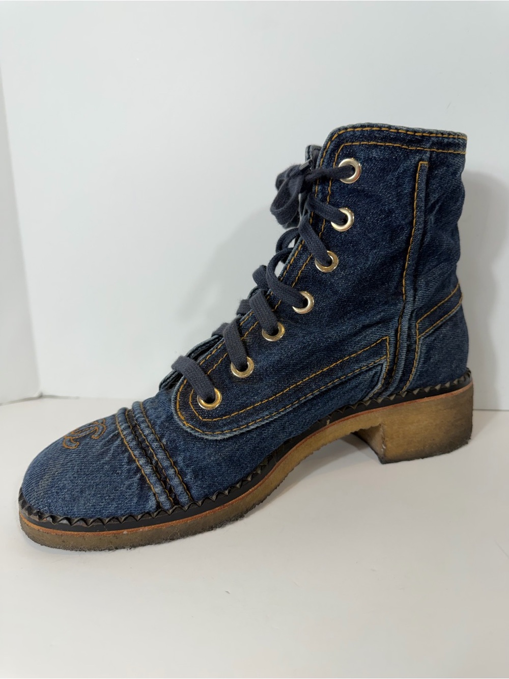 CHANEL Denim Lace Up Ankle Boots CC Logo Size 10 EU 40 Blue Jean Boots - Picture 11 of 13